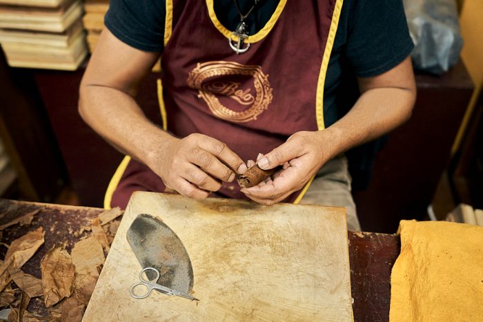 A horizontal photo of a man hand cutting and rolling dried tobacco leaves at the Cuba Tobacco Cigar Company in Little Havana, Miami. The man, sitting, faces the camera. We see his chest, arms, and hands. He wears a black T-shirt covered by a maroon-colored apron with gold trim on the sides and around the U-shaped neck. He holds an almost finished, wrapped cigar in his left hand as he uses his left hand to adhere the loose edge of a leaf to the tip of the cigar. The worker’s fingers are stained brown from working with the tobacco leaves. He works over a plastic cutting board—its cracks and cervices also stained brown from the dark, dried leaves. On the left side of the cutting board a small pair of stainless steel trimming scissors lies atop of an oval-shaped steel cutting blade. Discarded tobacco leaf remnants cover the chipped, wooden table on the left and right side of the cutting board.